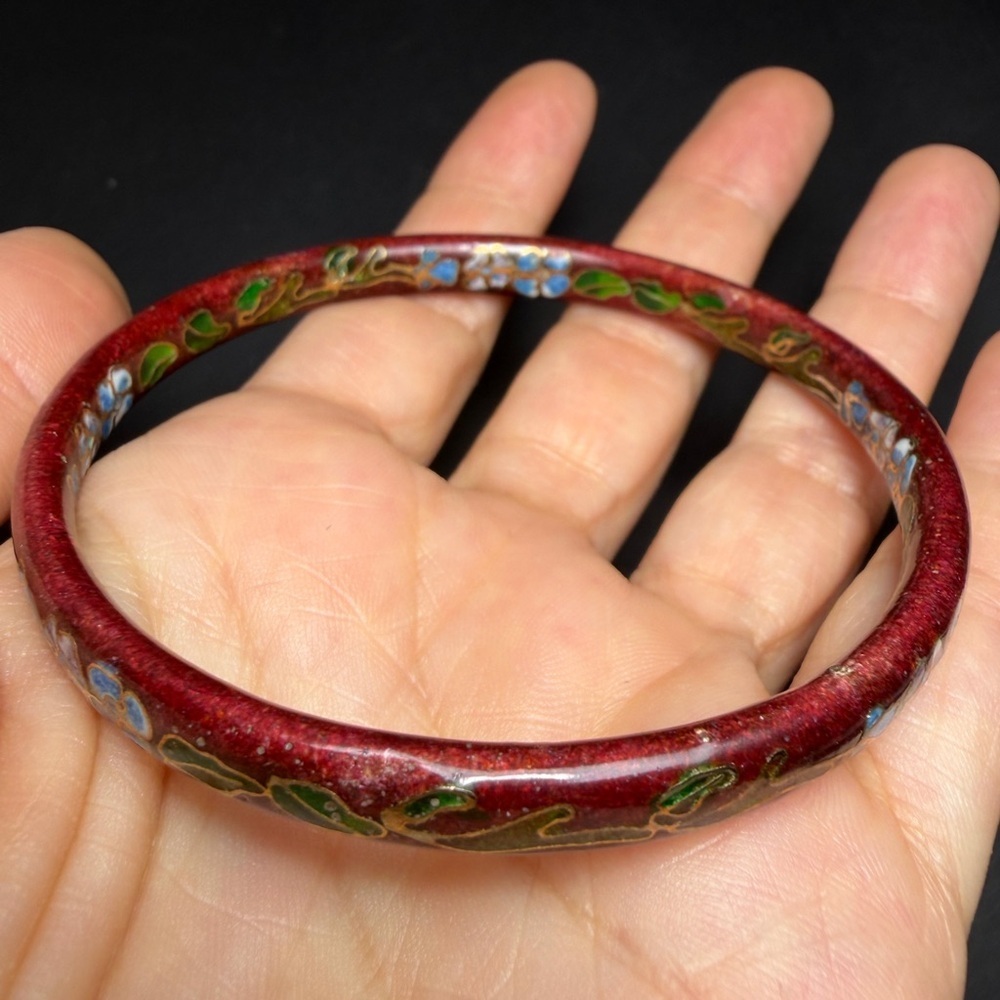 Vintage Red Cloisonné Floral Bangle Bracelet